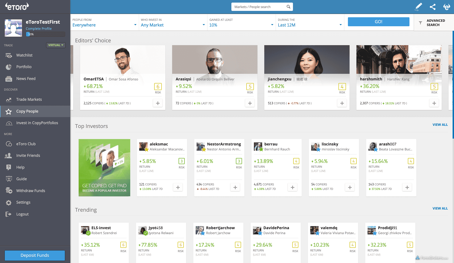 eToro web platform copy popular traders